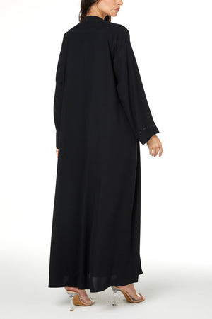 Black wave crepe Custom Abaya, Front Beadwork Detail