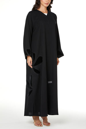 Black Farasha Crepe Abaya with Embroidered Petal Insert Detail