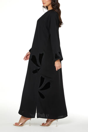 Black Farasha Crepe Abaya with Embroidered Petal Insert Detail