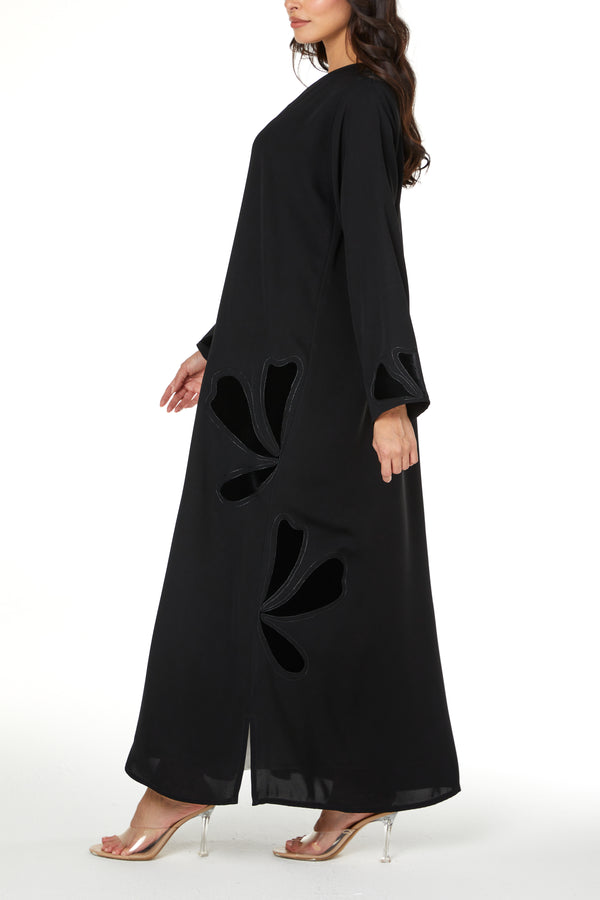 Black Farasha Crepe Abaya with Embroidered Petal Insert Detail