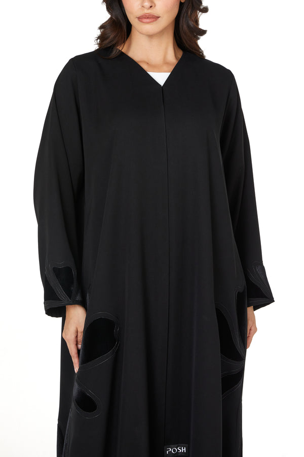 Black Farasha Crepe Abaya with Embroidered Petal Insert Detail