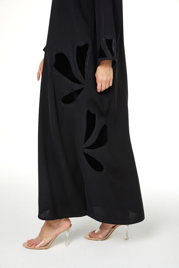 Black Farasha Crepe Abaya with Embroidered Petal Insert Detail