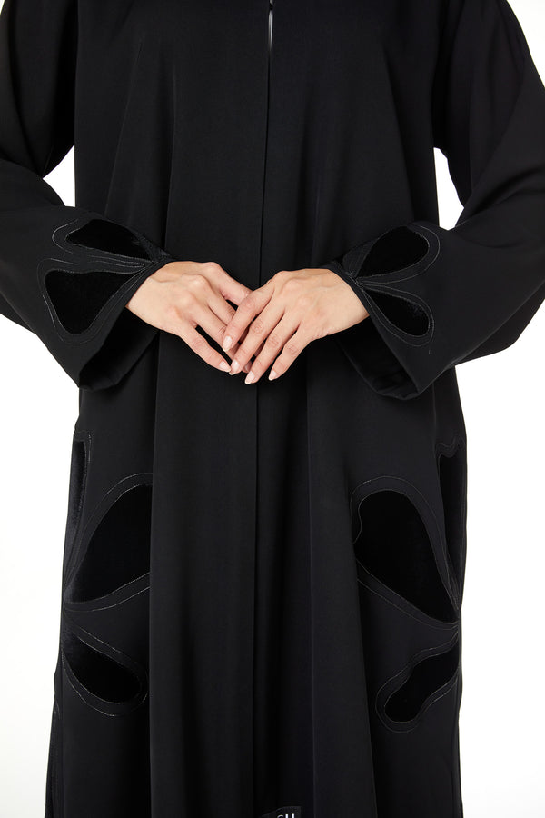 Black Farasha Crepe Abaya with Embroidered Petal Insert Detail