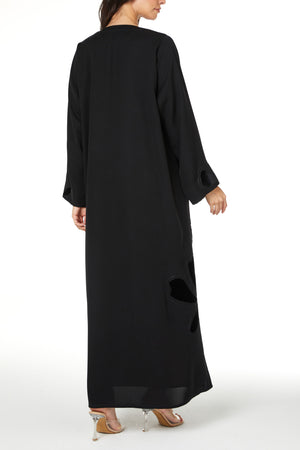 Black Farasha Crepe Abaya with Embroidered Petal Insert Detail
