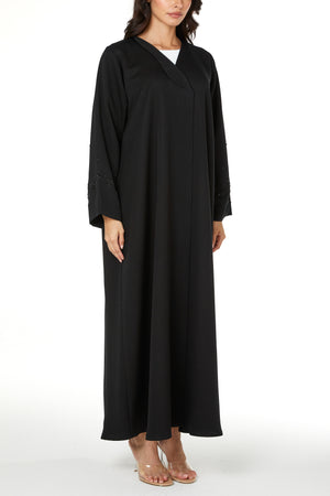 Black Emarati Crepe Custom Abaya with Sleeve Beadwork Detail