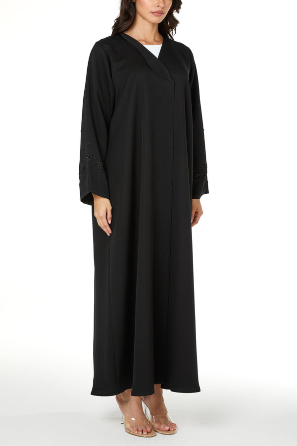 Black Emarati Crepe Custom Abaya with Sleeve Beadwork Detail