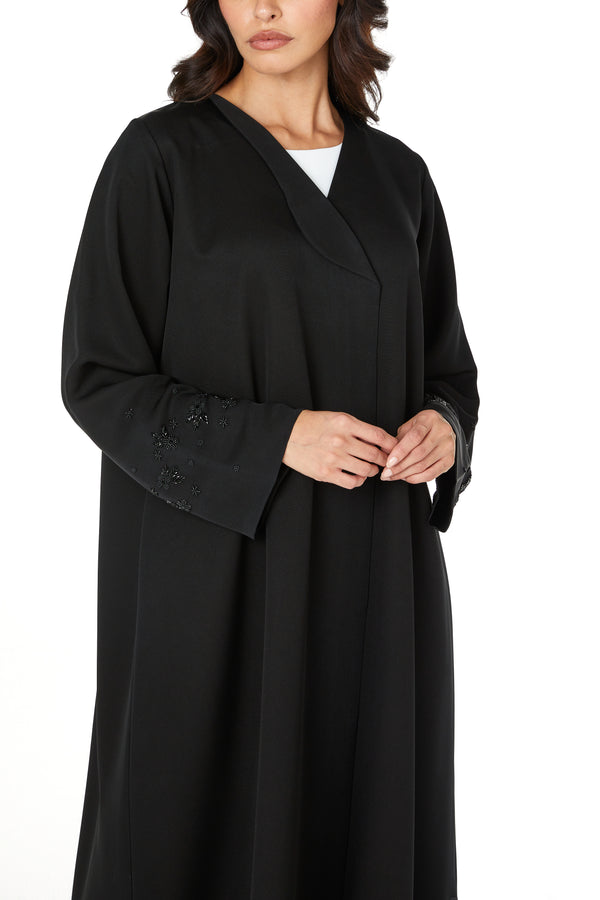 Black Emarati Crepe Custom Abaya with Sleeve Beadwork Detail