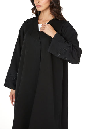 Black Emarati Crepe Custom Abaya with Sleeve Beadwork Detail