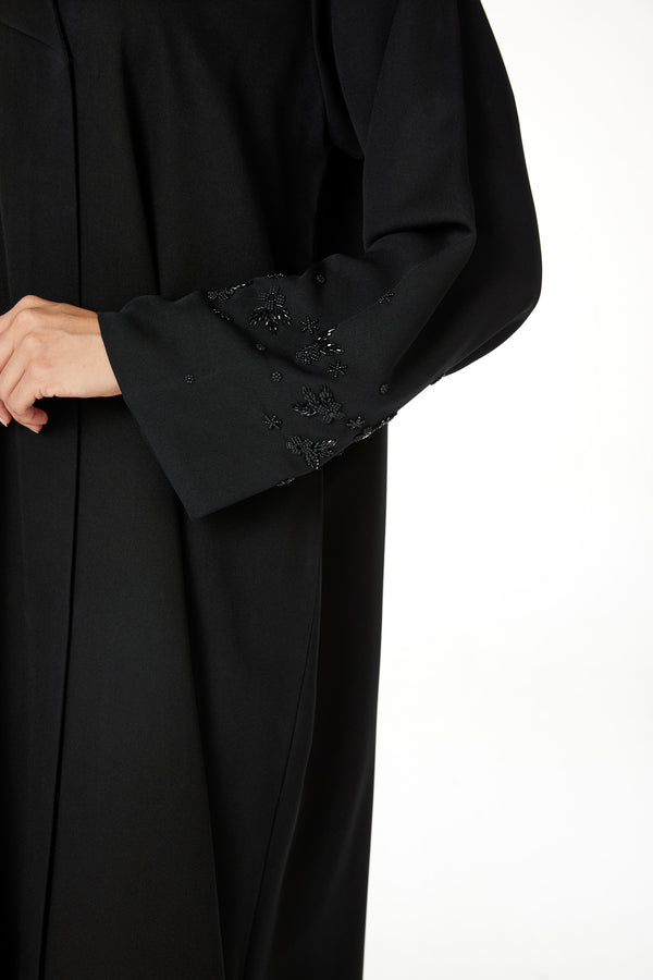 Black Emarati Crepe Custom Abaya with Sleeve Beadwork Detail