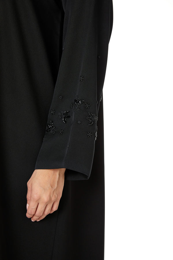 Black Emarati Crepe Custom Abaya with Sleeve Beadwork Detail