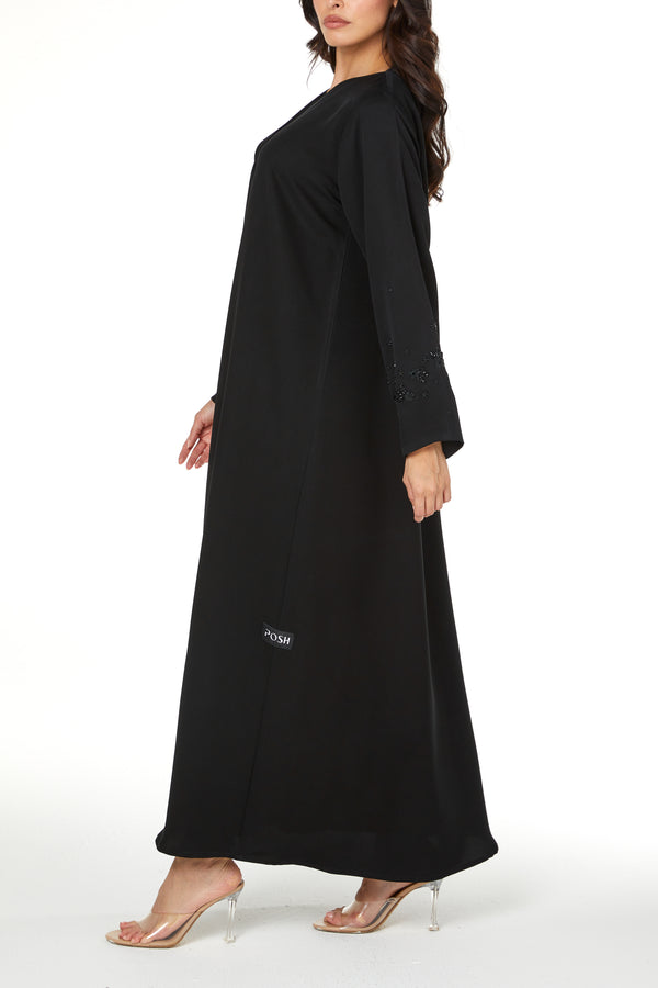 Black Emarati Crepe Custom Abaya with Sleeve Beadwork Detail