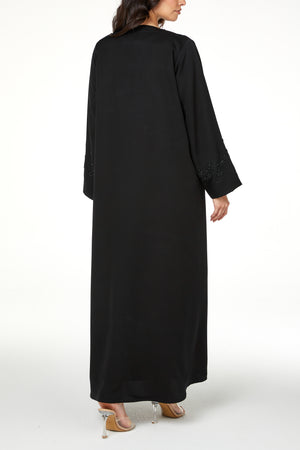 Black Emarati Crepe Custom Abaya with Sleeve Beadwork Detail