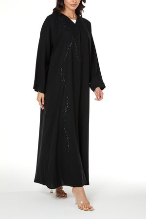 Black jaime crepe Custom Abaya, Front Beadwork Pintuck Detail