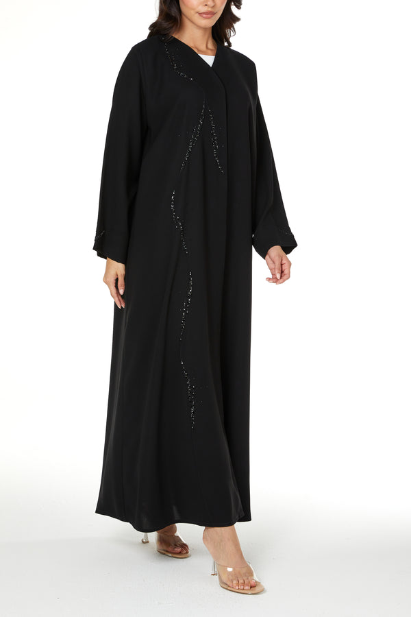 Black jaime crepe Custom Abaya, Front Beadwork Pintuck Detail