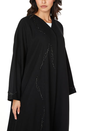 Black jaime crepe Custom Abaya, Front Beadwork Pintuck Detail