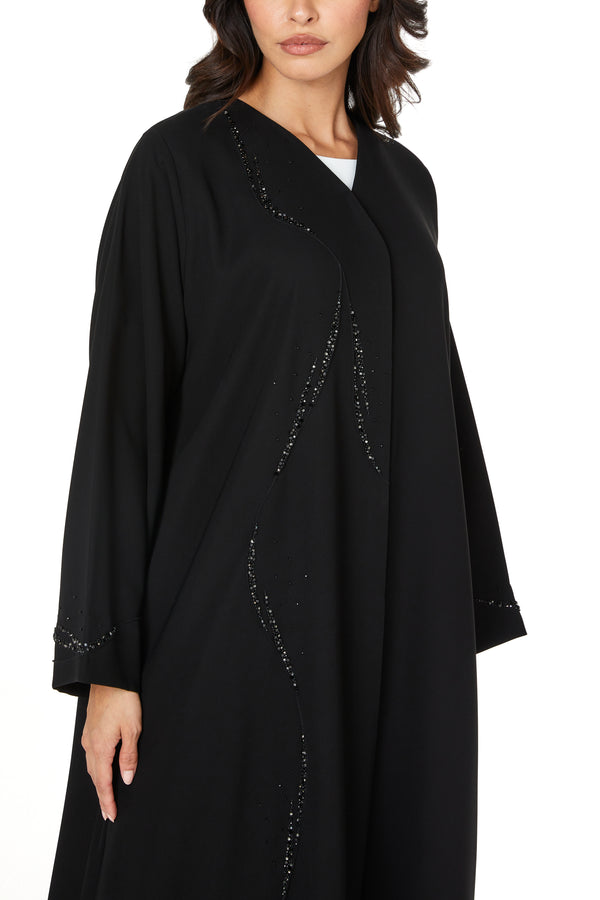 Black jaime crepe Custom Abaya, Front Beadwork Pintuck Detail