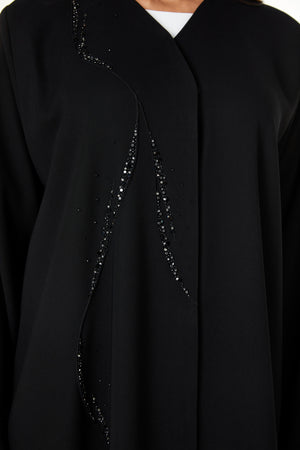 Black jaime crepe Custom Abaya, Front Beadwork Pintuck Detail