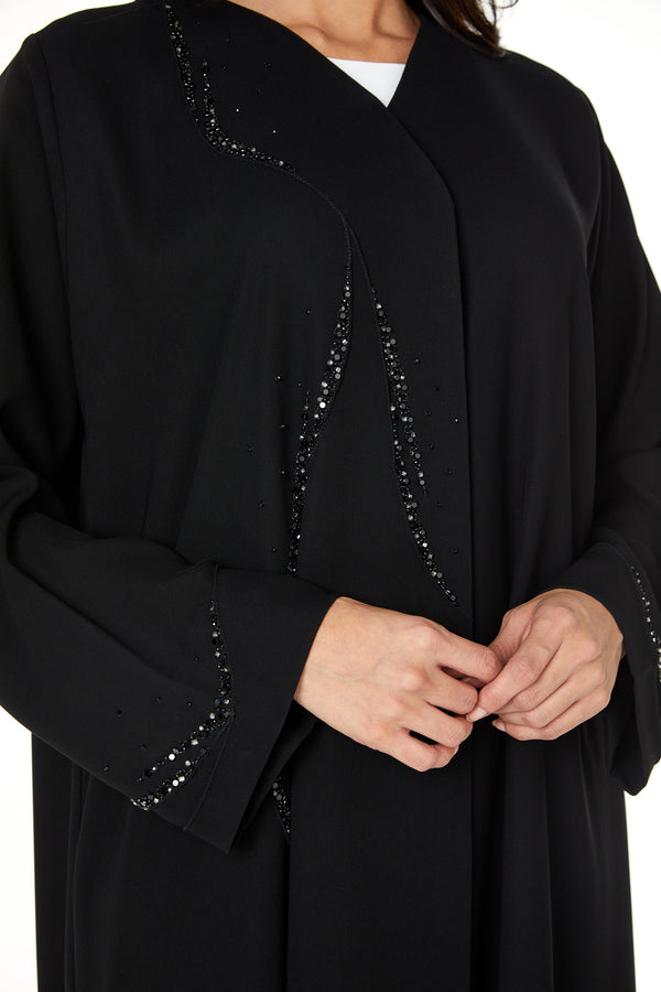 Black jaime crepe Custom Abaya, Front Beadwork Pintuck Detail