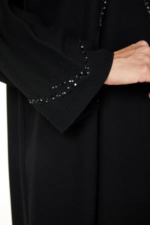 Black jaime crepe Custom Abaya, Front Beadwork Pintuck Detail