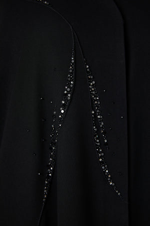 Black jaime crepe Custom Abaya, Front Beadwork Pintuck Detail