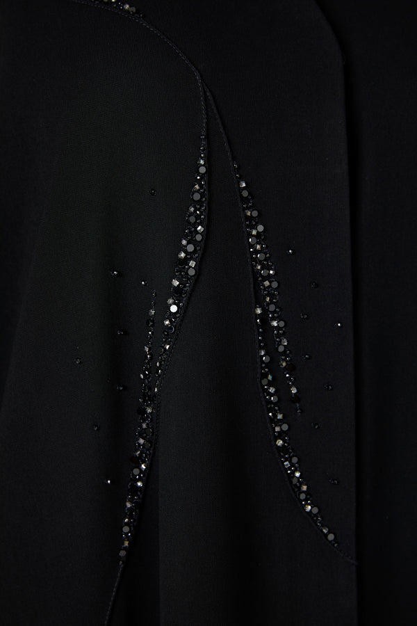 Black jaime crepe Custom Abaya, Front Beadwork Pintuck Detail