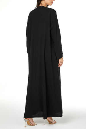 Black jaime crepe Custom Abaya, Front Beadwork Pintuck Detail
