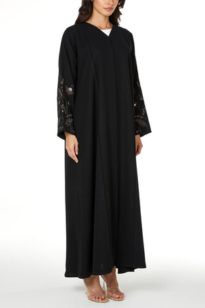 Black aria crepe Abaya with Sleeve Embroidery Detail