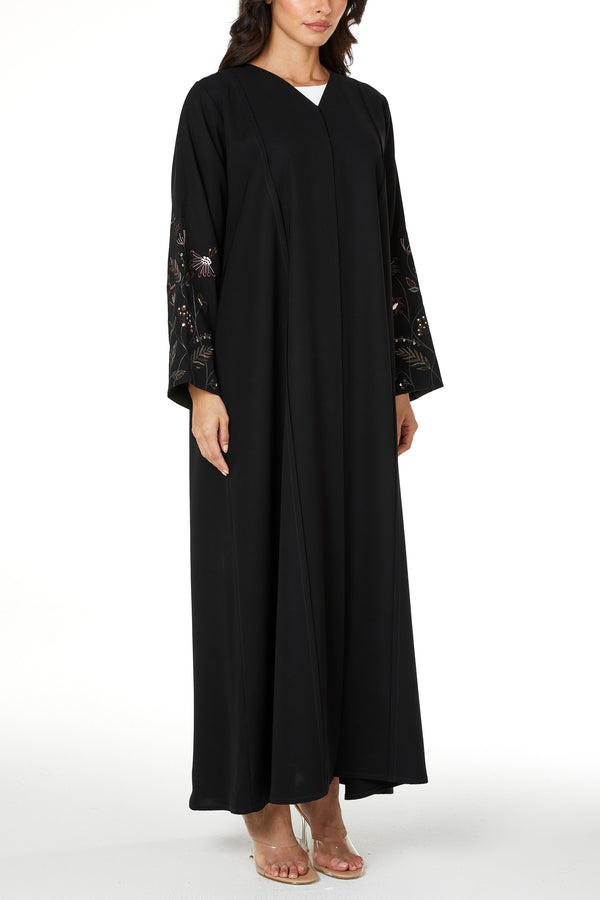 Black aria crepe Abaya with Sleeve Embroidery Detail