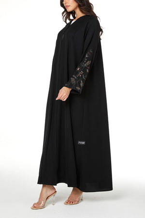 Black aria crepe Abaya with Sleeve Embroidery Detail