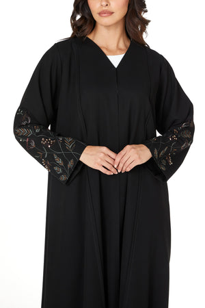 Black aria crepe Abaya with Sleeve Embroidery Detail