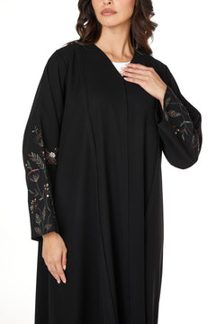 Black aria crepe Abaya with Sleeve Embroidery Detail