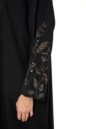 Black aria crepe Abaya with Sleeve Embroidery Detail