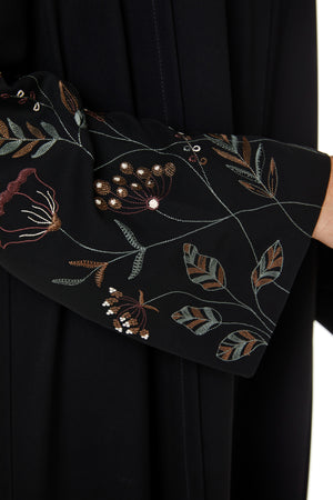 Black aria crepe Abaya with Sleeve Embroidery Detail