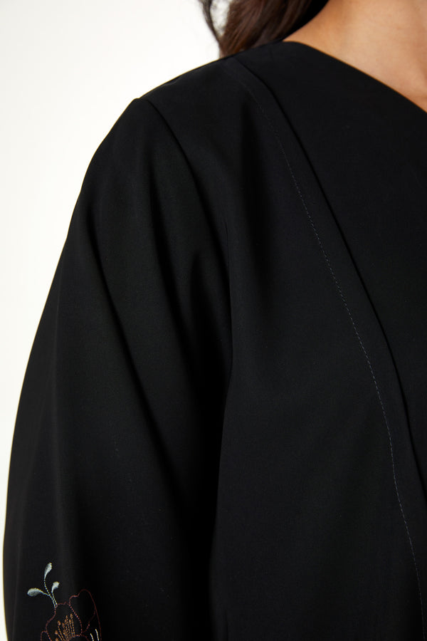 Black aria crepe Abaya with Sleeve Embroidery Detail