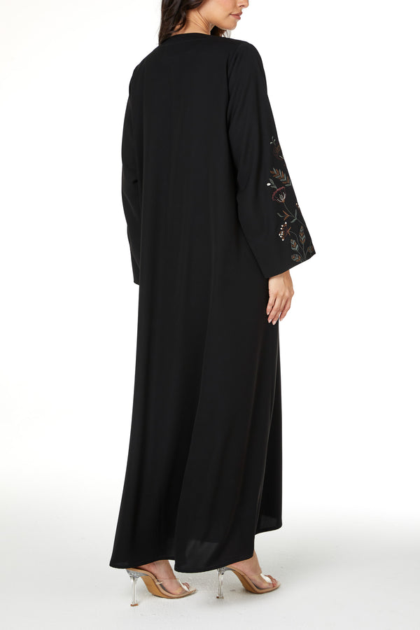 Black aria crepe Abaya with Sleeve Embroidery Detail