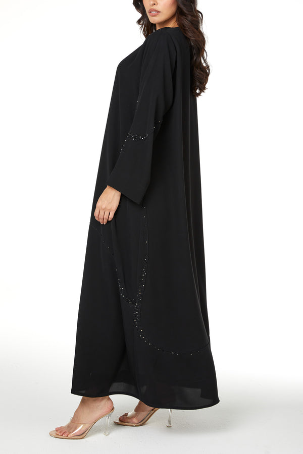 Black Farasha Crepe Custom Abaya with Beaded Curve Detail