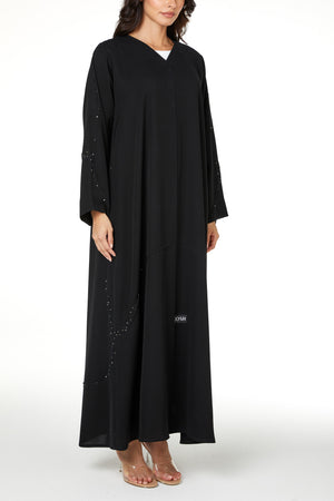 Black Farasha Crepe Custom Abaya with Beaded Curve Detail