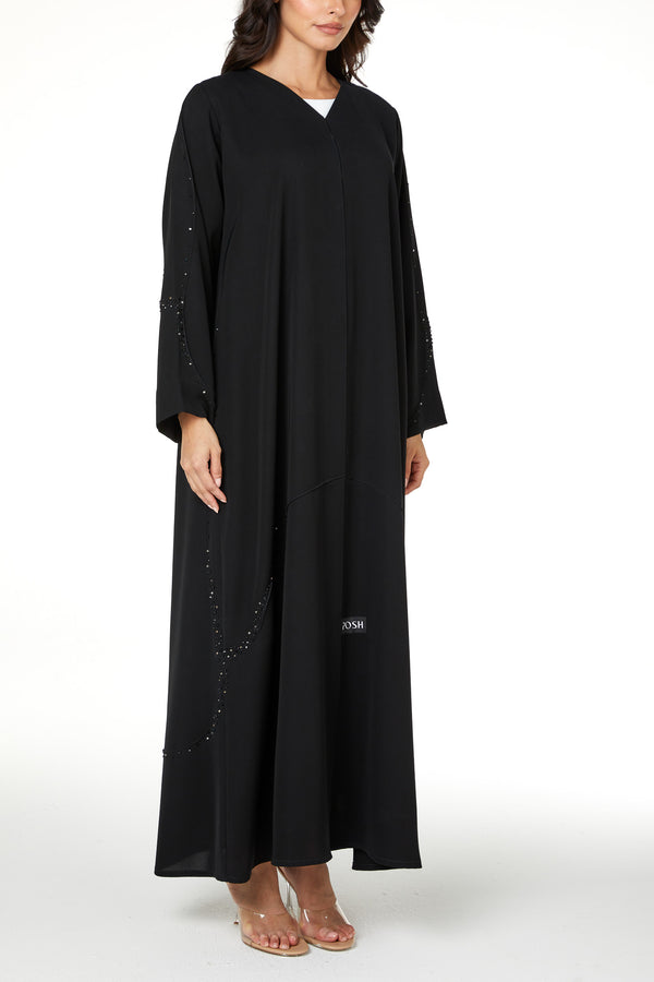 Black Farasha Crepe Custom Abaya with Beaded Curve Detail