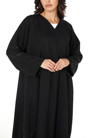 Black Farasha Crepe Custom Abaya with Beaded Curve Detail