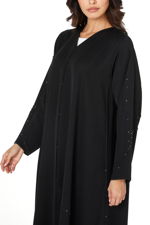 Black Farasha Crepe Custom Abaya with Beaded Curve Detail