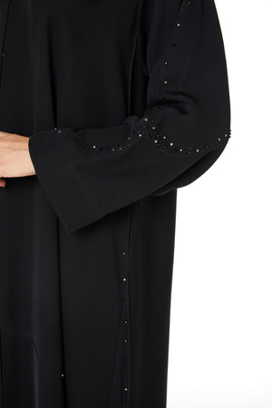 Black Farasha Crepe Custom Abaya with Beaded Curve Detail