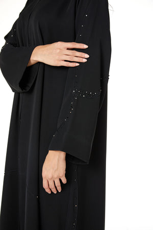 Black Farasha Crepe Custom Abaya with Beaded Curve Detail