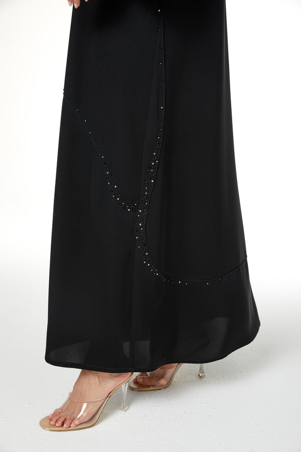 Black Farasha Crepe Custom Abaya with Beaded Curve Detail