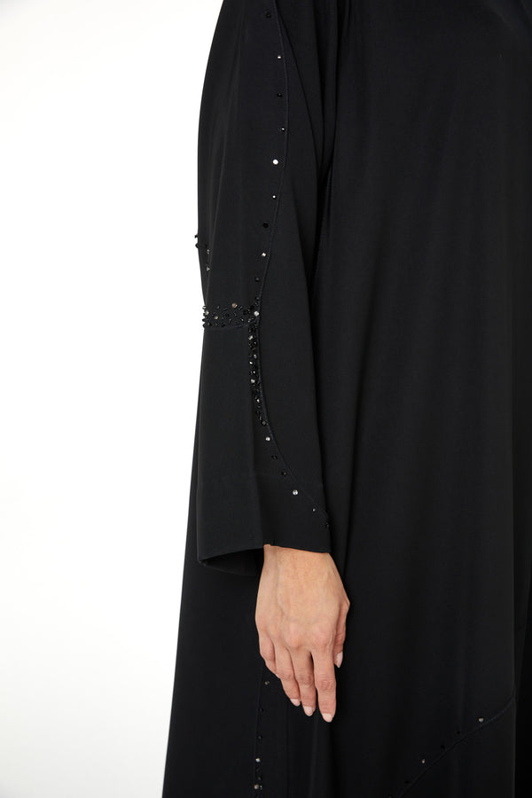 Black Farasha Crepe Custom Abaya with Beaded Curve Detail