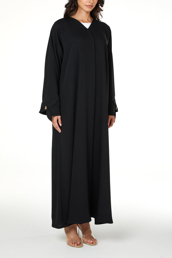 Black Layan Crepe Abaya with Petal Sleeve Button Detail