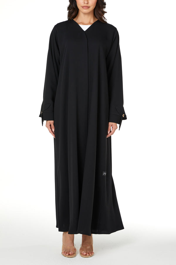 Black Layan Crepe Abaya with Petal Sleeve Button Detail