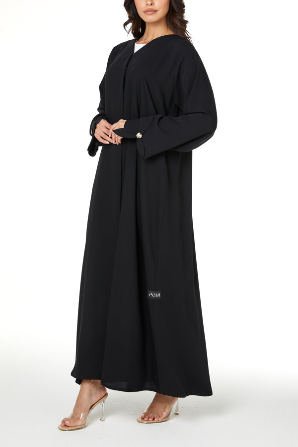 Black Layan Crepe Abaya with Petal Sleeve Button Detail