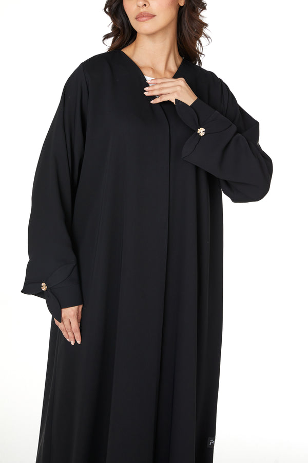 Black Layan Crepe Abaya with Petal Sleeve Button Detail