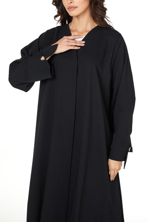 Black Layan Crepe Abaya with Petal Sleeve Button Detail