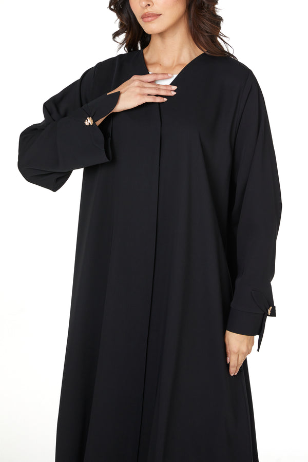 Black Layan Crepe Abaya with Petal Sleeve Button Detail